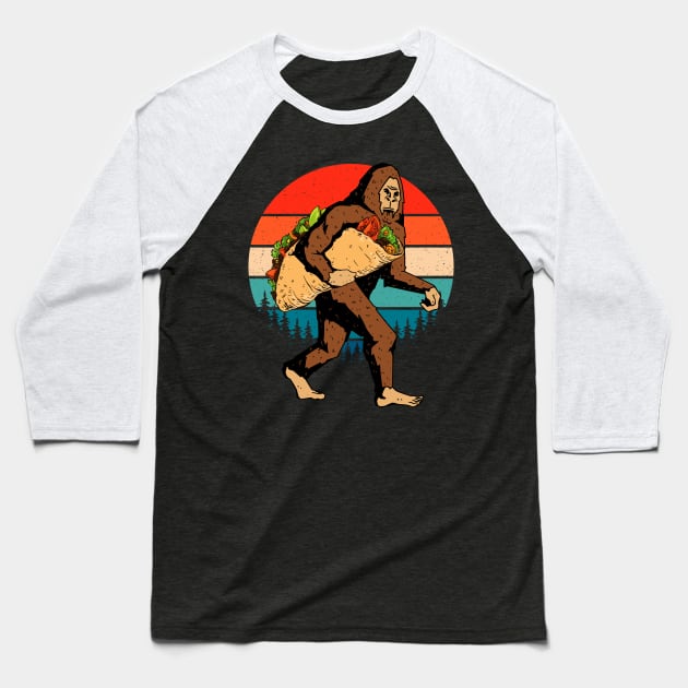 Bigfoot Carrying A Taco Retro Sunset Baseball T-Shirt by Tesszero